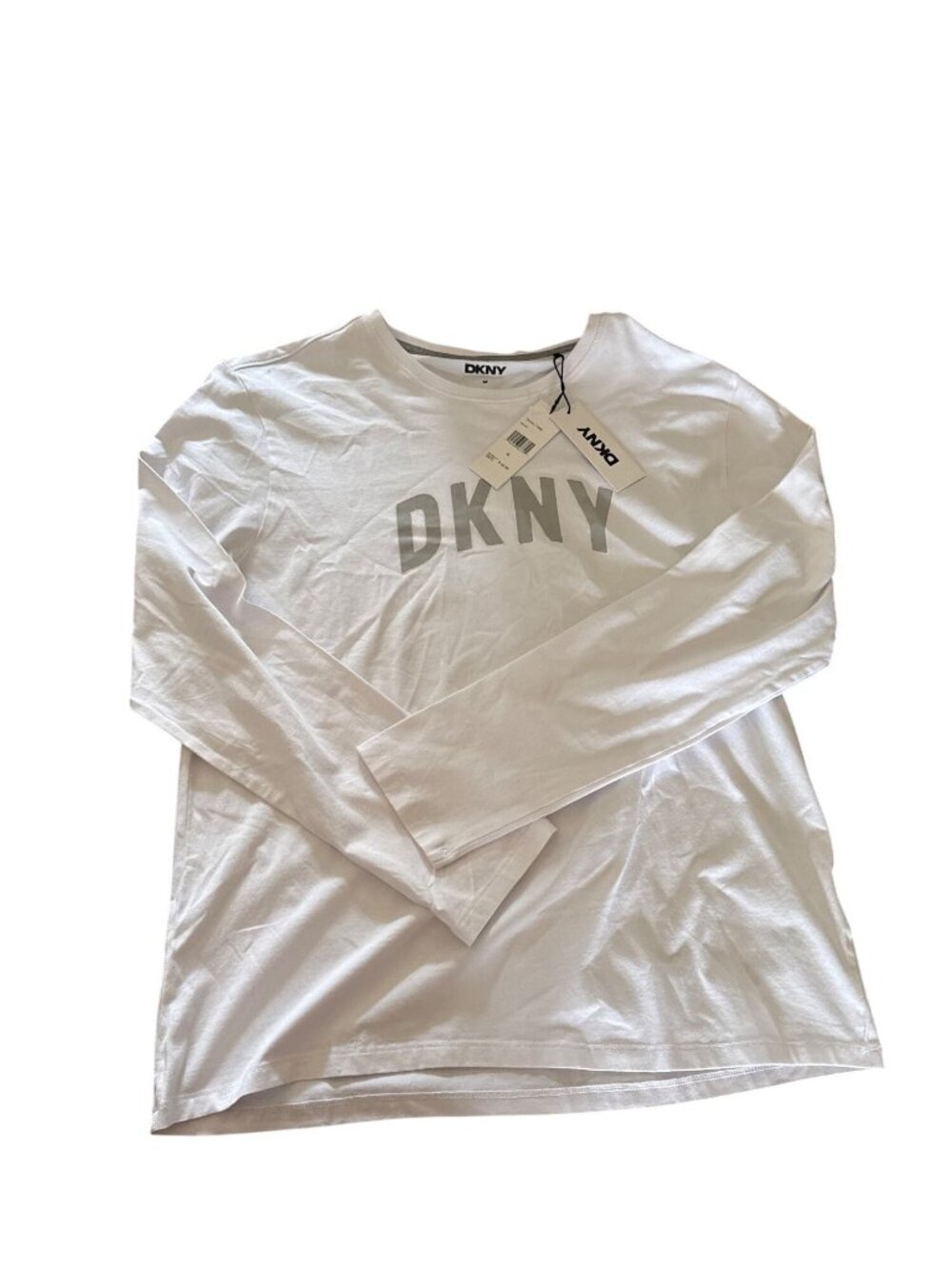 DKNY White Long-Sleeve Logo Tee Shirt M Cotton & Spandex Blend Lightweight Made